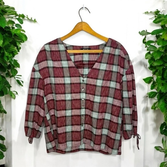 MADEWELL Red Plaid All Day Wear Button Down V Neck Blouse - Picture 12 of 12